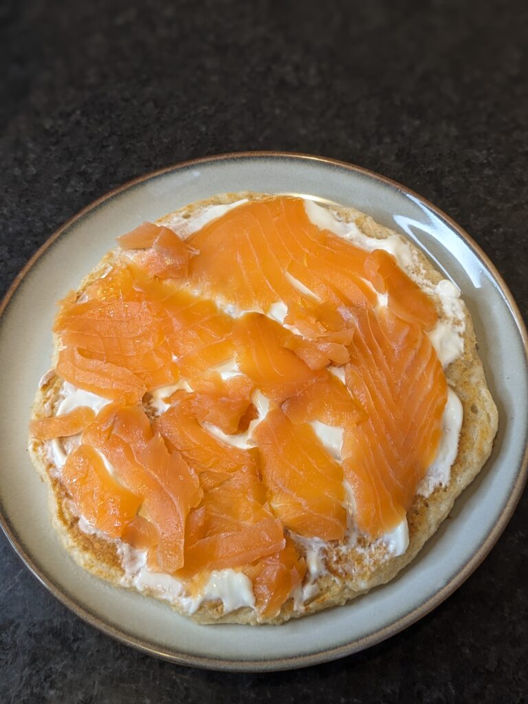 4 ingredient cottage cheese pancakes topped with cream cheese and smoked salmon